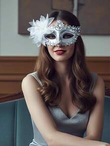 Masquerade Mask For Women, Black Venetian Masks Flower Lace Elegant Mardi Gras, Party Costume Accessories - Bạc - Xem 4