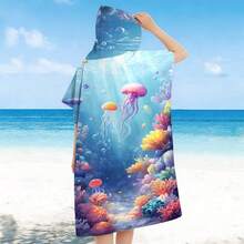 1pc Soft Hooded Beach Towel With Jellyfish Print, Wearable Beach Robe, Oversized Cute Anime Pool Towel, Super Absorbent Microfiber Beach Blanket, Birthday Gift - Style1 - View 5