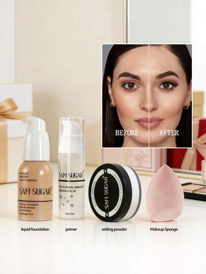Set de 4 piezas de base de maquillaje | Incluye base de maquillaje líquida, imprimador de maquillaje, borla esponjosa y polvo suelto, todo en uno | Acabado perfecto y duradero, ideal para principiantes | Perfecto como set de regalo