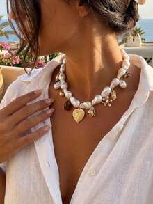 1件时尚百搭不对称ABS仿珍珠串珠心形、瓢虫、花朵吊坠项链，适合女性日常、旅行、派对佩戴 - 白色 - 查看 2