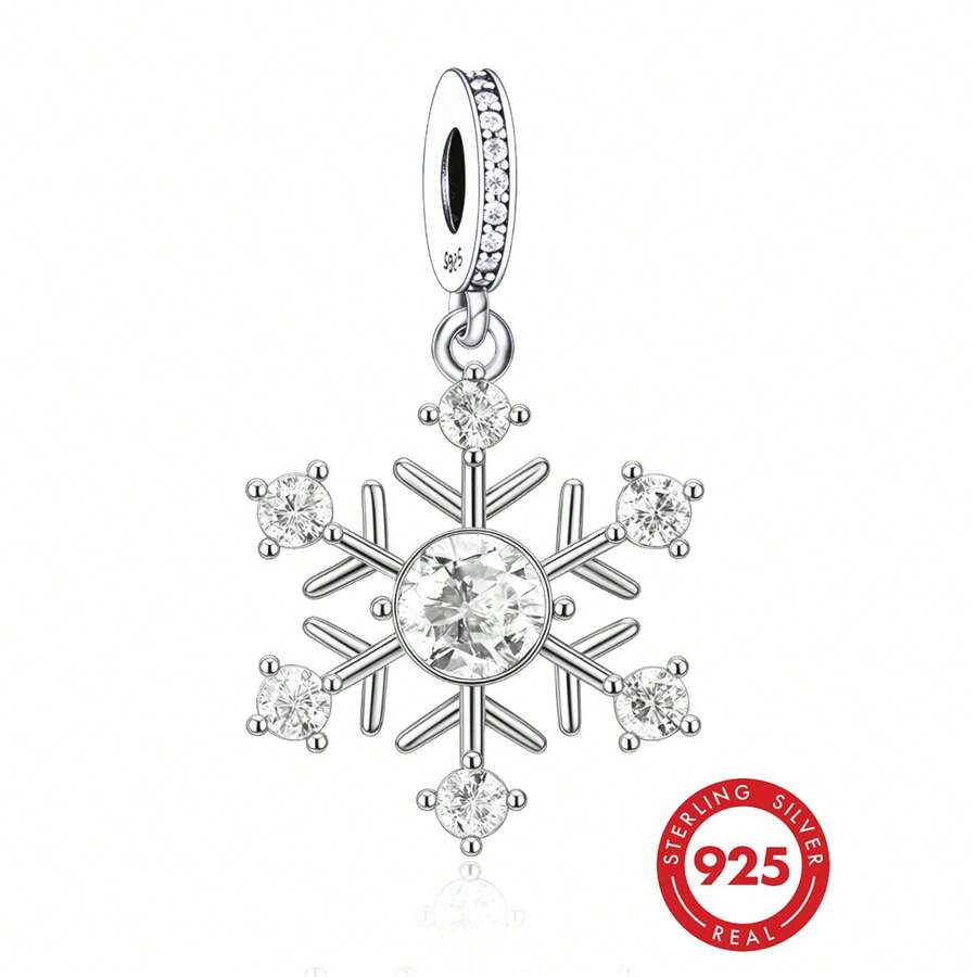 1pc 925 Sterling Silver Snowflake Zirconia Pendant, Unisex Christmas Jewelry Gift - Silver - View 1