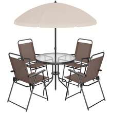 Vongrasig 6 Pieces Folding Patio Dining Set, All Weather Small Metal Outdoor Table And Chair Set, Garden Patio Furniture Set W/Umbrella, Glass Table & 4 Folding Chairs For Lawn, Deck, Backyard, Black - 棕色 - 查看 2