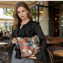 Women's Colorful Patchwork Tote Bag, Retro Quilted Shoulder Bag, Commuter Underarm Bag - Volcanic Gray - View 2