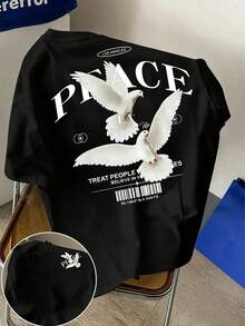 美式街頭復古和平鴿條碼印花短袖，正反面設計日常通勤上衣，圓領短袖T恤，「字母圖案與和平鴿印花」圖案短袖T恤，夏季上衣/內搭，適合男孩。休閒風格適合男孩、女孩和青少年；街頭風格洛杉磯和平鴿黑白印花百搭黑色T恤，是絕佳的禮物選擇。 - 黑色 - 查看 8