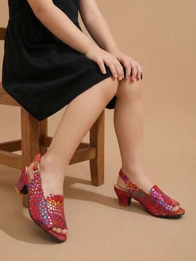 1 đôi sandal cao gót cho bé gái, họa tiết chấm bi ombre nhiều màu sắc, mũi tròn, gót dày, giày thời trang dự tiệc/biểu diễn cho mùa hè.