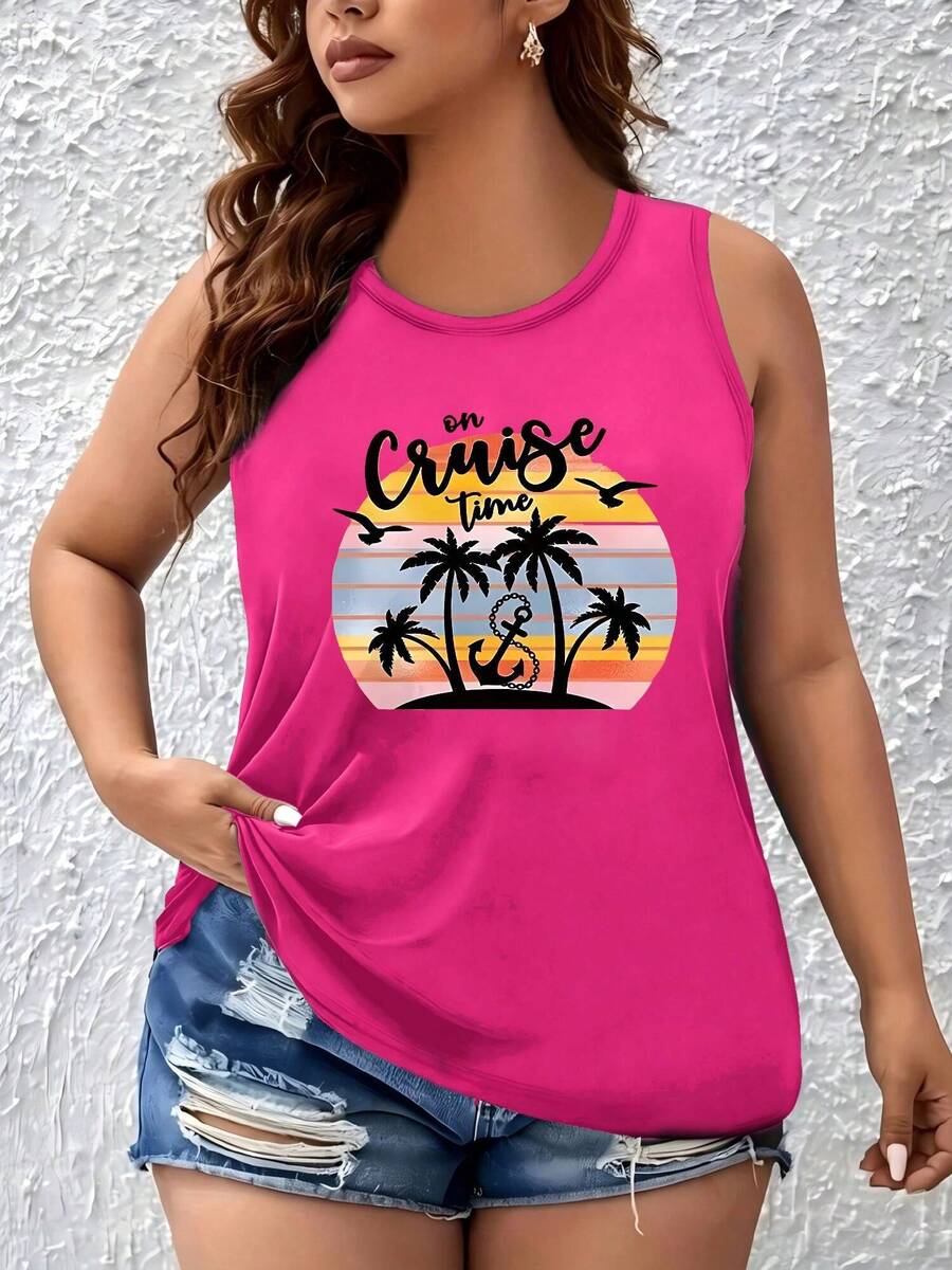 Plus Size Women's Sleeveless Round Neck Vest With Coconut Tree & Anchor Print, Breathable Casual Tank Top, Multiple Colors Available - 玫瑰紅 - 查看 1