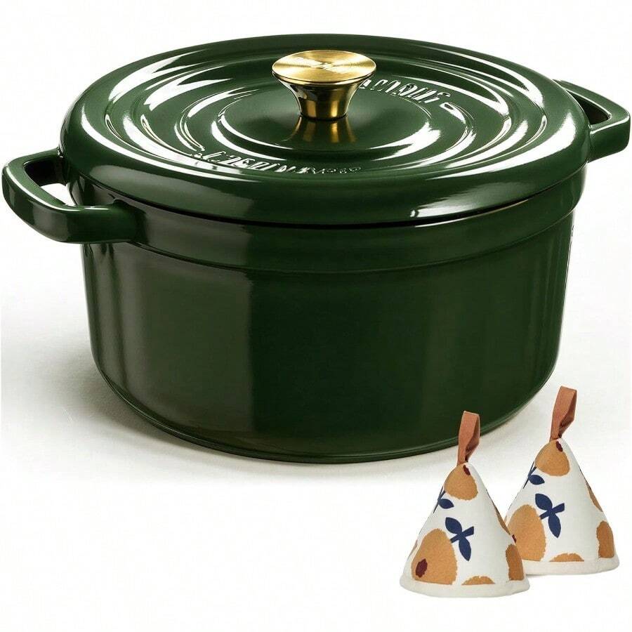 Enameled Cast Iron Dutch Oven - 5QT Pot With Lid Cookbook & Cotton Potholders - Heavy-Duty Cookware For Braising, Stews, Roasting, Sourdough Baking Moss - Moss Green - View 1