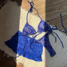 Sexy Lace Micro Mini String Halter Tie Bikinis Sets 3pcs With Ruffles Mini Skirt Black Red Color Swimwear Swimsuit Bathing Suit - 紅色 - 查看 9