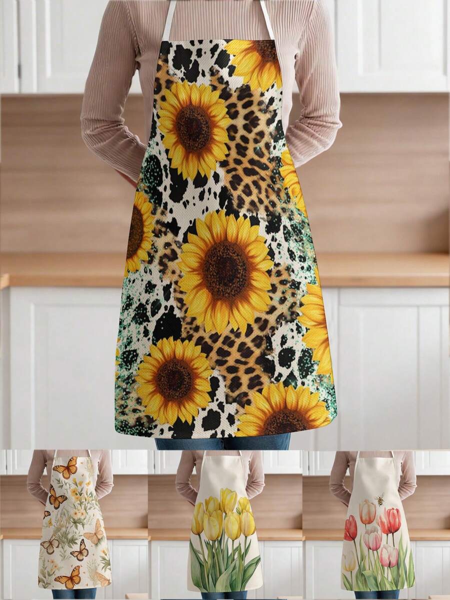 1pc, Sunflower Pattern Polyester Apron, Suitable For Cooking, Baking, And Gardening - Can Be Used As Attire For The Kitchen And Dining - Multicolor - View 1