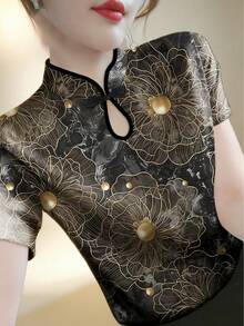 Áo sơ mi cổ đứng họa tiết mực vẽ jacquard thanh lịch dành cho nữ, kiểu dáng cổ điển, cài nút, ôm dáng, thích hợp mặc công sở trong kỳ nghỉ hè, màu đen. - màu đen - Xem 3