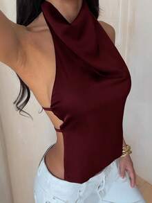 Áo kiểu satin hở lưng cổ yếm mùa hè dành cho nữ của WOWDARK, màu đỏ rượu vang, màu trơn thời trang và gợi cảm, thích hợp cho Ngày Valentine, hẹn hò, tụ họp, tiệc tùng, du lịch, kỳ nghỉ, đi biển và các dịp khác. - Màu Đỏ Sâu - Xem 11