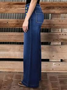 Celana Jeans Kasual Slim Straight Wanita Model Baru dengan Banyak Kancing, Bahan Denim Berkualitas Tinggi untuk Musim Semi - Medium Wash - View 6