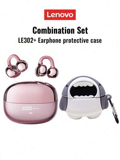  Lenovo LE302 Bluetooth Earphones With Protective Case, Open-Ear Design With Surround Sound, High-Quality Audio, Low Latency, Music, Gaming, Directional Audio, ENC Noise Cancellation, Clear Calls, Wireless Earbuds For Running