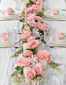 2Pack Artificial Silk Peony Flower Garland With White Flowers For Wedding Party Table Decoration, 6ft Per Strand - 粉色 - 查看 1