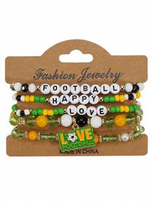 5pcs/Set World Cup Football Faux Pearl Cheer Letter Bracelet Set, Fashionable Personalized Jewelry Gift Suitable For Daily Outfit, Perfect For Party And Holiday, Multifunctional Accessory For Women Casual And Vacation Wear - Multicolor - View 4