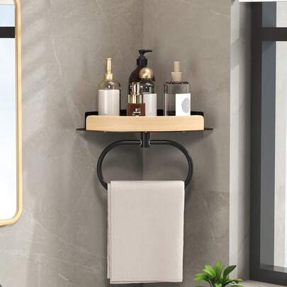 1 kệ góc phòng tắm, lắp đặt không cần khoan, giỏ tam giác cho vòi sen, giá đỡ tam giác bằng gỗ có móc treo khăn, giải pháp lưu trữ treo tường tiết kiệm không gian cho phòng tắm.