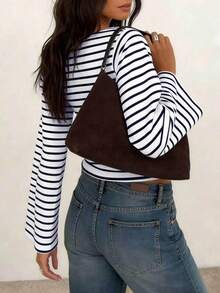 Striped Contrast Rib Knit Long Sleeve T-Shirt For Women, Casual Everyday Wear Spring - Navy Blue - View 3