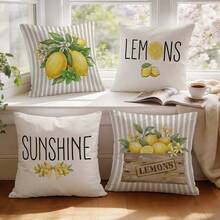 4 Stück erfrischende gestreifte Zitronen-Themen Pfirsich-Samt einseitig bedruckte Kissenbezüge, 100% Polyester, Wohnzimmer Sofa Schlafzimmer Dekoration, nur Kissenbezüge, 40x40cm/45x45cm/50x50cm - Mehrfarbig 06 - Übersicht 9