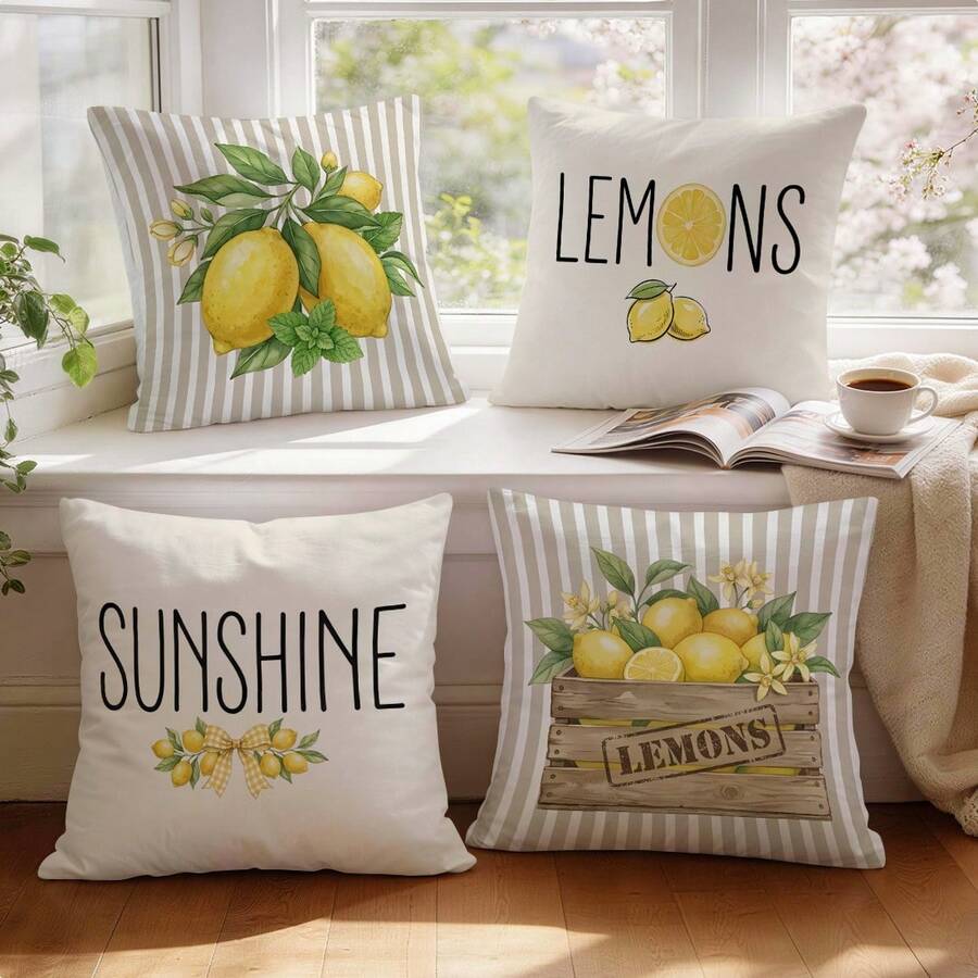 4 piezas Fundas de cojín con estampado de limón a rayas y melocotón de terciopelo de un solo lado, 100% poliéster, decoración para sala de estar, sofá, dormitorio, fundas de cojín solamente, 40x40cm/45x45cm/50x50cm - Multicolor 06 - Ver 1