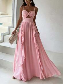 Robe de soirée longue pour femmes, couleur unie, sexy et élégante, avec dos nu, torsadée, froncée et volantée, pour soirée, mariage et cérémonie, couleur rose - Rose bonbon - Voir 4