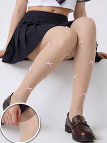 CLAGAINER 3 pares de medias transparentes con estampado de moño, medias transparentes decorativas con moño 3D, medias tipo Lolita dulce, medias transparentes antideslizantes para uso diario de mujeres - Multicolor - Ver 7