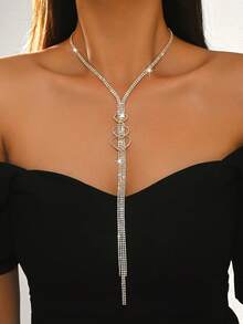1pc Luxury Crystal Tassel Y-Necklace, Hollow Heart Design, Copper Material, Suitable For Ball, Wedding, Bridal Party, Christmas Gift - Gold - View 5