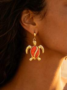 18K Gold Plated Enamel Sea Turtle Drop Earrings, Bohemian Style Gold Summer Beach Vacation Accessories, Stainless Steel Waterproof Beach Earrings (Multiple Enamel Colors Available) - Gold - View 16