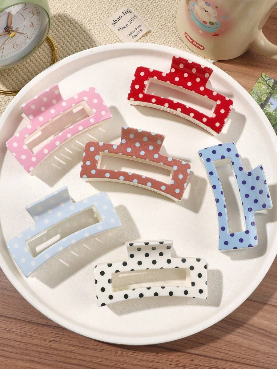 6pcs Macaron Color UV Printed PC Material Polka Dot Hollow Square Hair Claw High Crown Hair Claw Ponytail Clip Bun Clip, Retro French Style, Elegant Sweet Girl Vibe, Suitable For Daily, Work, Afternoon Tea, Gathering - Multicolor - View 1