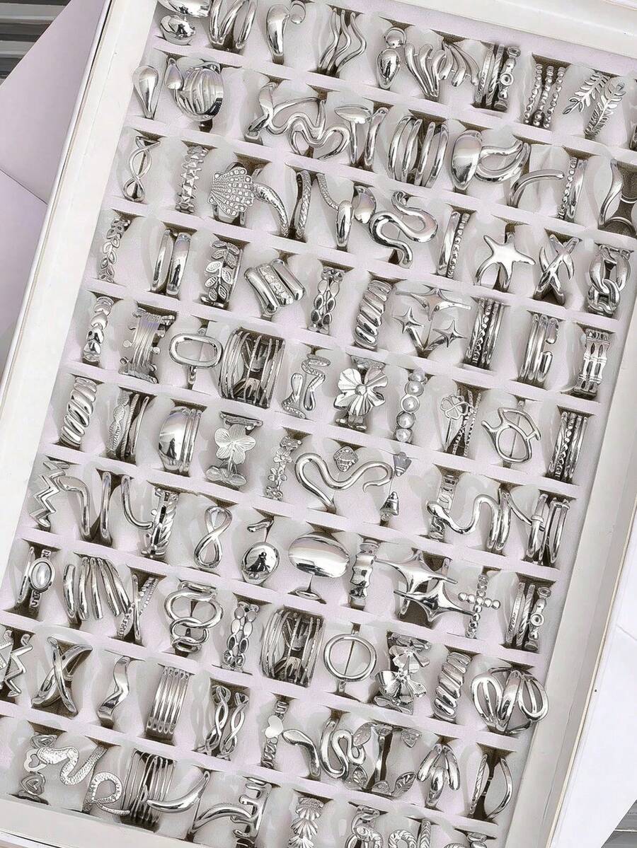 3/6/10/16/24/30件套不锈钢银色戒指，花朵、心形、蛇形设计，镶嵌水钻，可调节，男女皆宜，适合日常佩戴或作为礼物，款式随机搭配 - 銀色 - 查看 1