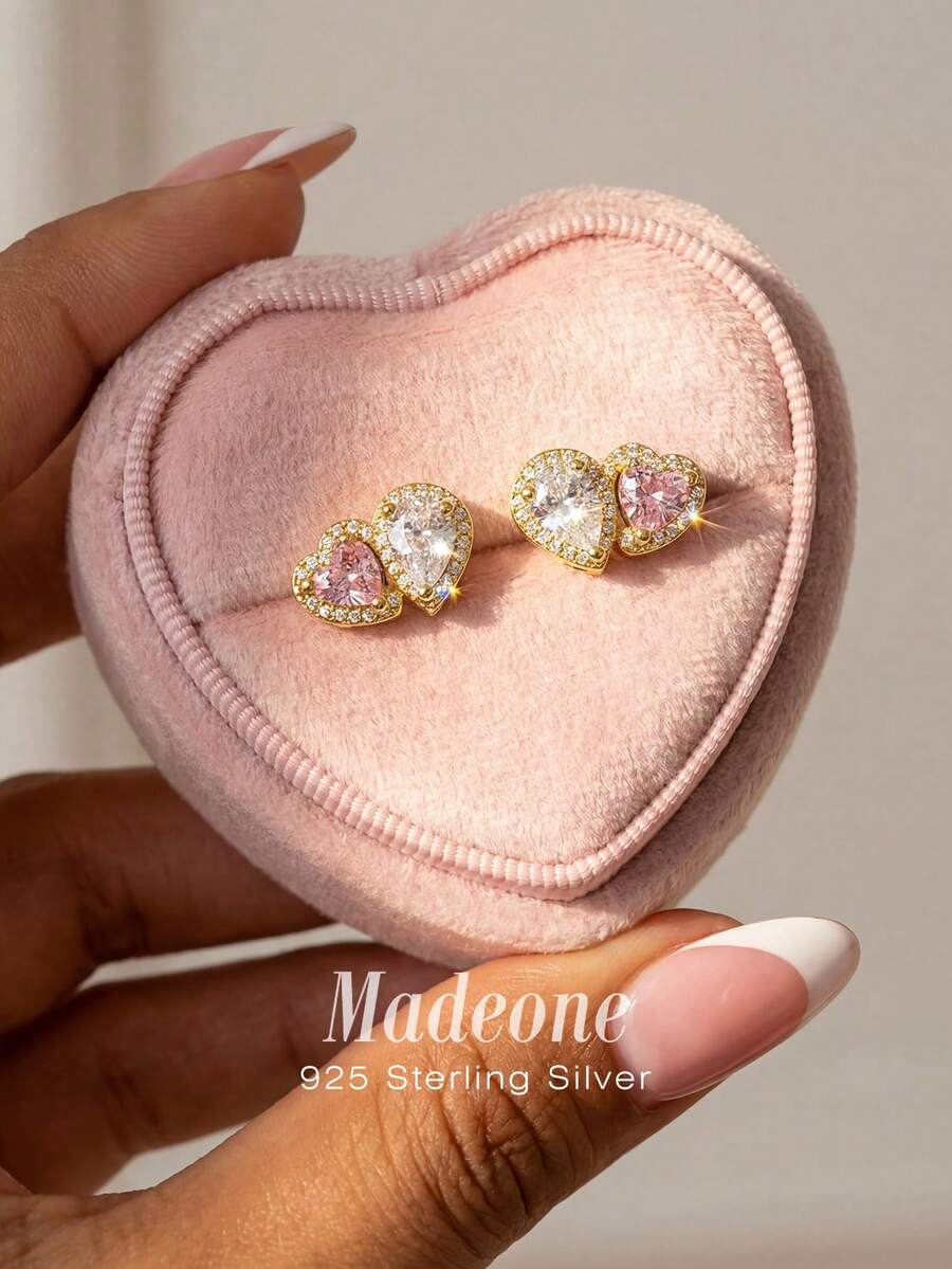MADEONE 1 par de pendientes de plata de ley 925 con forma de corazón y decoración de lágrima, adecuados para el uso diario, ceremonias de propuesta, decoración nupcial y citas de damas - Engaste en forma de corazón - polvo de oro y circonita - Ver 1