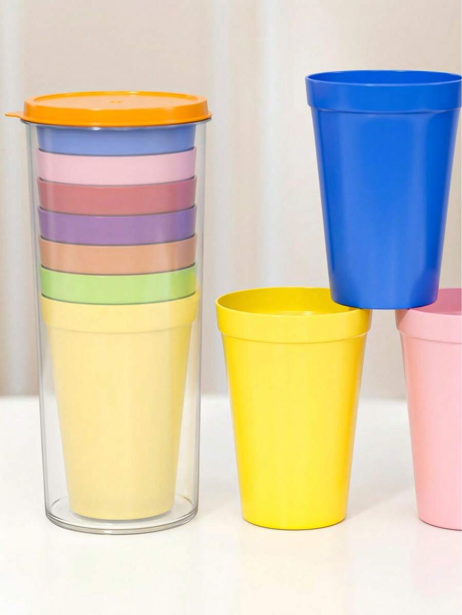 7 Stück/Set tragbarer Regenbogen Reisebecher Set - 7-farbige Plastikbecher für Outdoor-Picknicks, Wanderungen und den täglichen Gebrauch - stapelbar, vielseitige Becher zum Trinken, Spülen, als Mini-Vasen oder für kreative Aufbewahrung