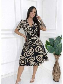 Women's Printed Dress, Flared, Casual, Elegant, Romantic Fabric - Black Abstract - View 4