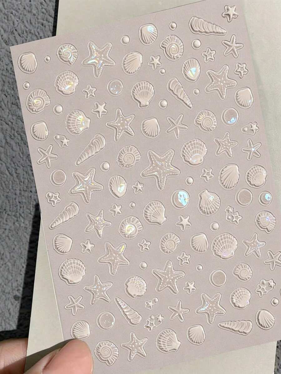 5D立体浮雕梦幻贝壳、海星、水母美甲贴纸，海洋主题美甲贴花，夏季必备 - 彩色 - 查看 1