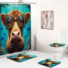 1 pieza/4 piezas Conjunto de cortina de ducha decorativa para el baño con estampado de yak para buceo, incluye 12 ganchos gratis, crea un ambiente elegante de vacaciones, alfombra de baño, alfombra en forma de U para el piso y alfombra redonda para el inodoro, adecuado para todo tipo de escenarios en el baño - Ganado de las tierras altas buceando - Ver 4
