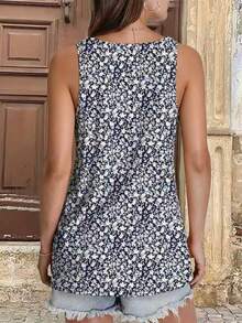 Áo tank top nữ dáng rộng cổ chữ V họa tiết hoa nhí, áo thun mùa hè đa năng thích hợp cho kỳ nghỉ. - màu đen - Xem 2