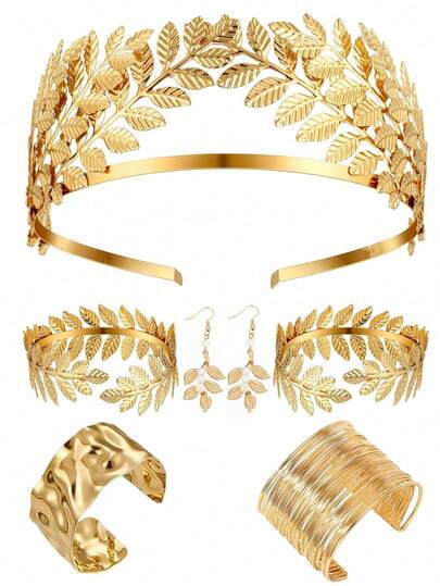 Greek Goddess Costume Accessories Set, Includes Gold Laurel Leaf Crown Headpiece, Spiral Arm Cuff, Gold Bracelet, Pearl Leaf Pendant Earrings, Faux Pearl Earrings And Necklace, Suitable For Bridal Wedding Wear