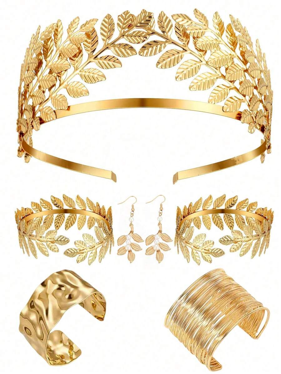 Greek Goddess Costume Accessories Set For Women Golden Laurel Leaf Crown Headband Upper Arm Bracelet Golden Bracelet Pearl Earrings Bridal Wedding - Multicolor - View 1