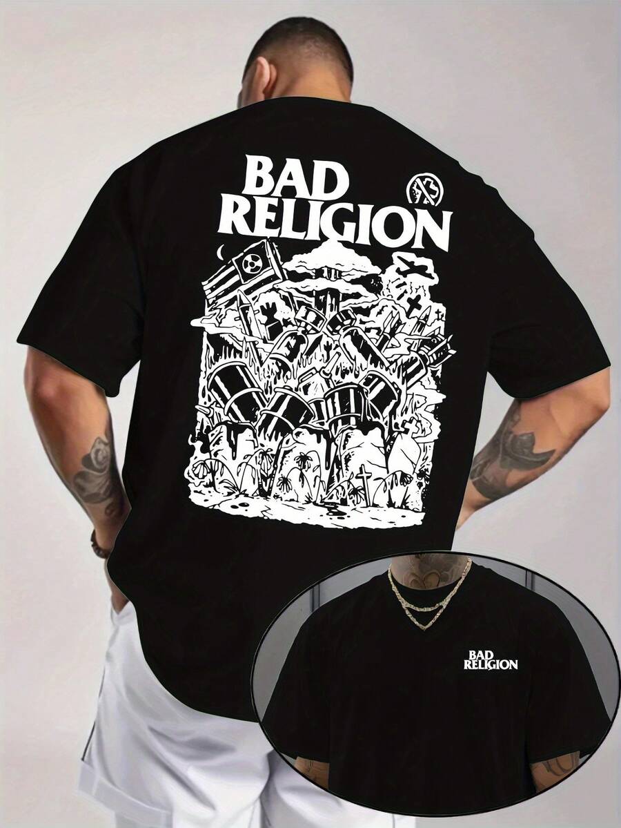 Men's Graphic T-Shirts - Punk Rock Design With BAD RELIGION Back Print - 黑色 - 查看 1