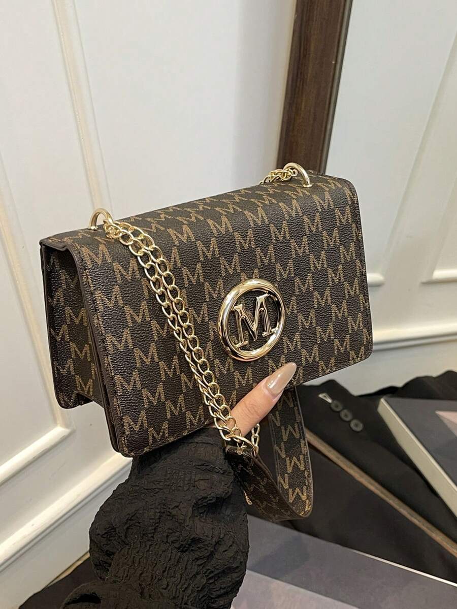 Mini bolso cuadrado de cuero PU de unicolor de moda con cadena para el hombro y bandolera - Café - Ver 1