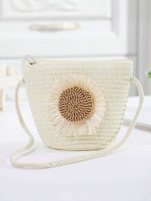 Girls' Spring/Summer New Crossbody Bag, Handmade Straw Woven Shoulder Bag, Travel Mini Coin Purse With Sunflower Decor - 1pcs - View 2
