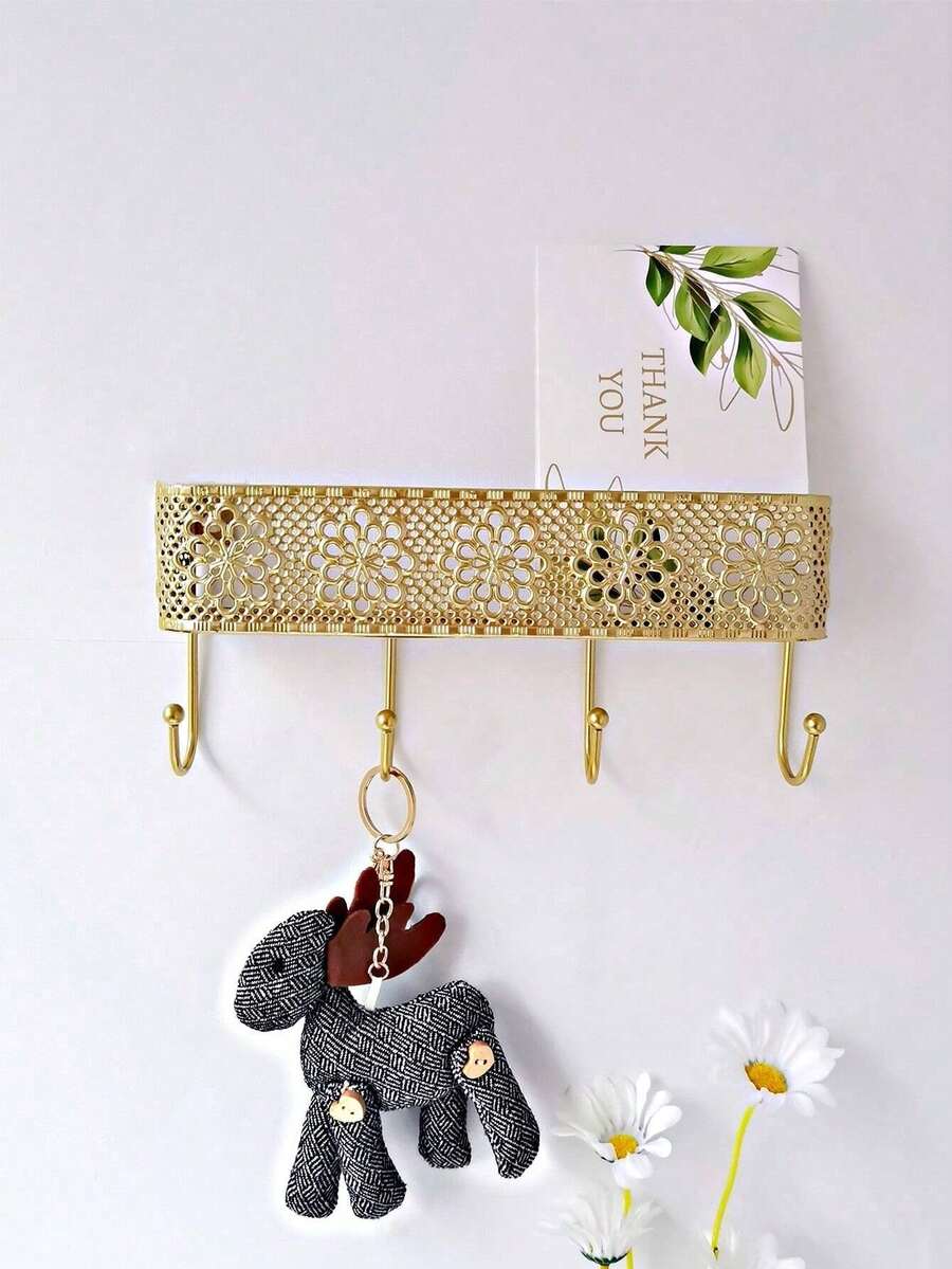 1pc Vintage Gold Metal Wall Mount Hook Rack With 5 Hooks - 金色 - 查看 1
