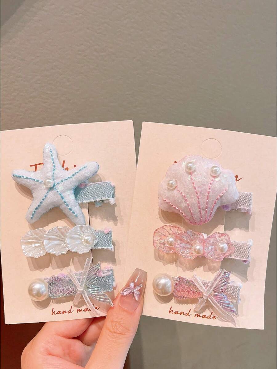 3件套少女海洋风海星贝壳发夹套装，珍珠蝴蝶结侧刘海发夹发饰