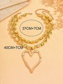 2pcs Asymmetrical Hollow Heart Decor Necklace, Metal Texture Exaggerated Unique Shape Handmade Beaded Clavicle Chain, Luxury Necklace Suitable For Daily Wear, Vacation And Party - Multicolor - View 4