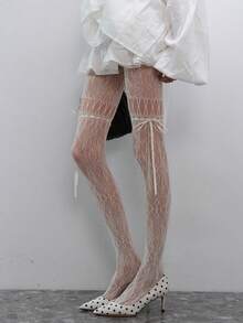 女士蝴蝶结系带渔网袜性感透视大腿袜 - 白色 - 查看 5