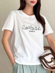 Camiseta con Gráficos de Dibujos Animados y Letras , Estilo Preppy - Blanco - Ver 5