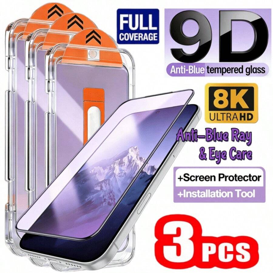 Blue Tempered Glass Screen Protector 3pcs Anti-Blue Light Screen Protector Suitable For IPhone 17 Pro Max/17 Pro/16/15/14/13/12/11 Series Ultra-Clear Tempered Glass Full Coverage Eye Protection Anti-Scratch Anti-Fingerprint Bubble-Free Comes With Convenient Installation Tool Box Compatible With Phone Cases Mother's Day Gift