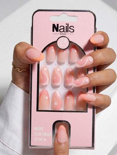 Nails Base 24pcs/Set Sweet Heart & Wave Design Medium French Press-On Nails Uñas Press On Spring And Summer Press On Nails Press On Nails Medium Length,ABS Fake Nails Press On,Paired With 1pc Jelly Gel And 1pc Nail File,Bedazzling Kit Nails Nail Supplies Suitable For Parties And Mother's Day Gift