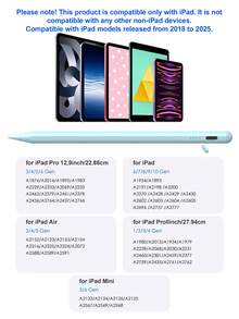 这款触控笔兼容 iPad，适用于第十代/第十一代（A16 芯片）2022、2025 款 iPad Pro/Air4/5/6 10.9 英寸机型，无需蓝牙连接即可实现高灵敏度使用。笔尖可根据角度产生不同粗细的线条或阴影效果。兼容 iPad 7/8/9 10.2 英寸机型以及 2018-2022 款 11 英寸/12.9 英寸 iPad Pro。笔芯易于更换。笔身带有 LED 电量指示灯，电池容量为 90mAh。黑色。 - 淺藍色 - 查看 4