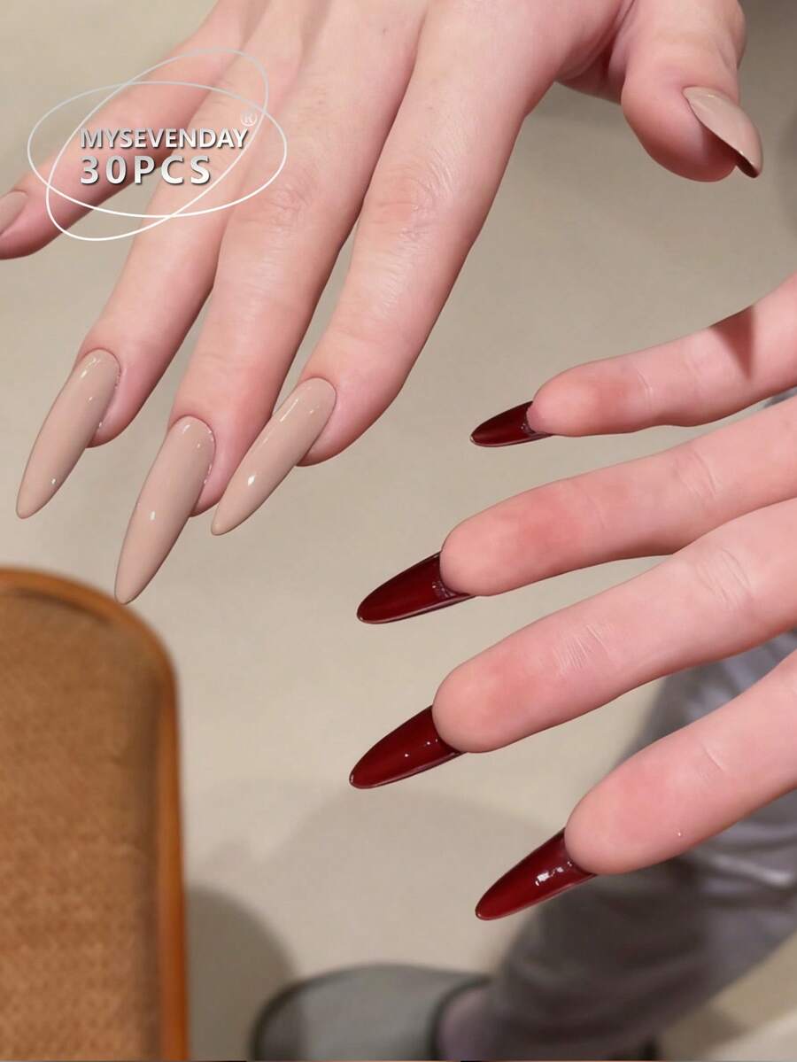 30 Pieces Press On Nails Long Droplet Shape/Elegant Two-Tone Long Stiletto Press On Nails, Nude & Deep Red Fake Nails For Daily Wear - Dusty Pink - View 1