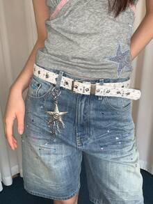 1pc White PU Material Niche Star Studded Sequin Personalized Belt - White - View 1